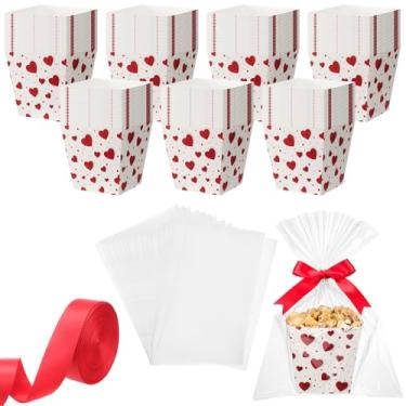 Imagem de Pajean 24 conjuntos de caixas de pipoca de dia dos namorados com sacos e fita de celofane 12 cm x 12 cm x 9 cm de papel de papelão de coração, petiscos, caixas de doces para presente de festa de