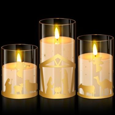 Imagem de Blosssound Pacote com 3 velas de Natal sem chamas operadas por pilhas, presépio de Natal, velas cintilantes sem chama, LED para lareira em casa, decorações de mesa de férias de inverno, presentes de