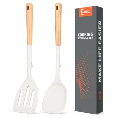 Imagem de Espátula de silicone para cozinhar, espátula sólida resistente ao calor de 315 °C, espátulas com alça de madeira, conjunto de utensílios de cozinha de madeira ideal para fritar, assar, virar, pacote