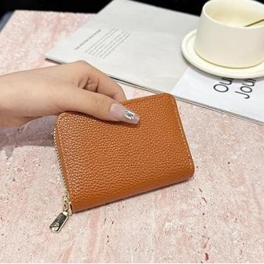 Imagem de Carteira feminina de couro genuíno com dobra dupla/tripla - Suporte minimalista para cartão de crédito com bloqueio de RFID e bolso para moedas, Marrom, Casual