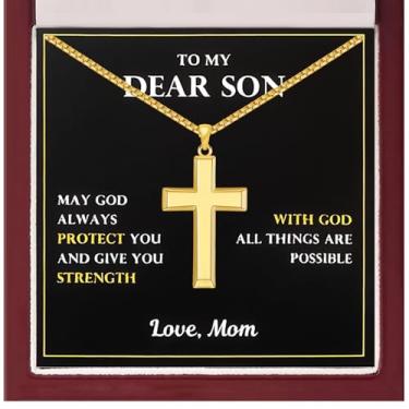 Imagem de Corato Son Gifts from Mom Faith Colar com pingente de cruz banhado a ouro 14K, presentes de aniversário/graduação/Natal para filho, 55 cm