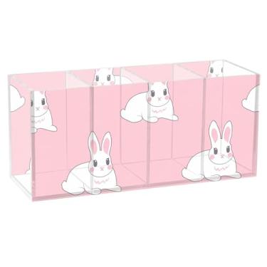 Imagem de TSENQUE Porta-lápis de mesa de acrílico rosa fofo coelhinhos brancos fofos para canetas, copo de caneta, decoração de mesa de escritório