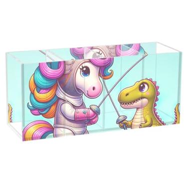 Imagem de TSENQUE Porta-canetas de acrílico para esgrima de dinossauro de unicórnio fofo para mesa, organizador de lápis personalizado, material de escritório, 20 cm x 6,3 cm x 9 cm