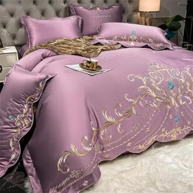 Imagem de Conjunto de cama Style com capa de edredom dupla em cetim bordado, lençóis e fronhas em puro algodão, cor violeta, lençol de baixo com elástico para cama de 1,80 m.