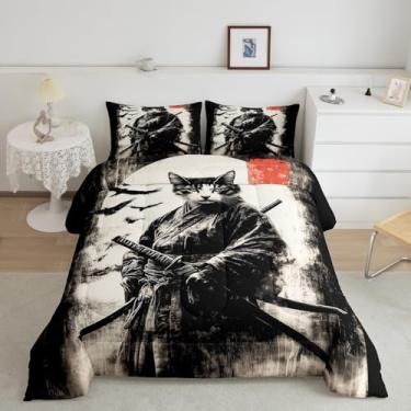 Imagem de jejeloiu Conjunto de edredom de gato japonês, tamanho solteiro, samurai, pássaro, samurai, para meninos, meninas, adolescentes, japonês, ukiyoe, respirável, vintage, conjunto de edredom para decoração