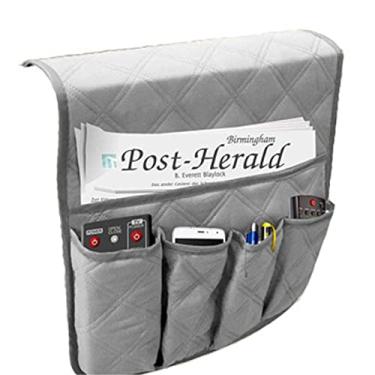 Imagem de Suporte de controle remoto para poltrona, poltrona, organizador de apoio de braço, poltrona, poltrona, com 6 bolsos, armazenamento antiderrapante para revista, tablet, telefone, cinza, 90 x 34 x 23 cm