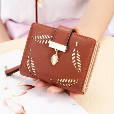 Imagem de Carteiras pequenas femininas com bloqueio de RFID de couro macio dobrável e compacta com bolso para moedas com zíper, Marrom, Tendência