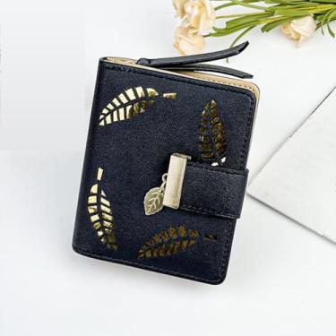 Imagem de Carteiras pequenas femininas com bloqueio de RFID de couro macio dobrável e compacta com bolso para moedas com zíper, Preto, Tendência