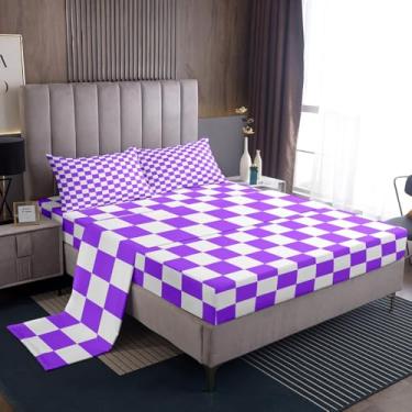 Imagem de Manfei Jogo de cama solteiro quadriculado de lavanda, quadriculado geométrico, decoração de quarto de crianças, meninos e meninas, conjunto de lençol quadriculado de malha macia, 3 peças com bolso