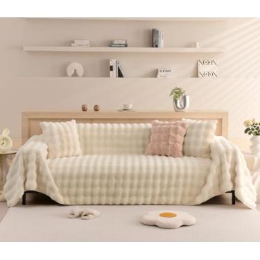 Imagem de VM VOUGEMARKET Capa de sofá branca creme, 1 peça, capa de sofá de pele sintética de coelho fofa, quente, macia, macia, macia, cobertor de sofá para cama de pelúcia - 180 cm x 299 cm