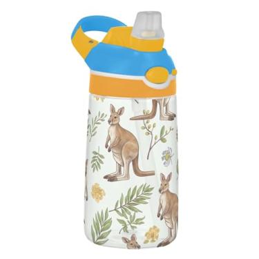 Imagem de Cute Kangaroos Animal Garrafa de água esportiva infantil para escola, 473 ml Tritan 473 ml garrafa de água com canudo, copo infantil à prova de vazamento, reutilizável, alça de transporte