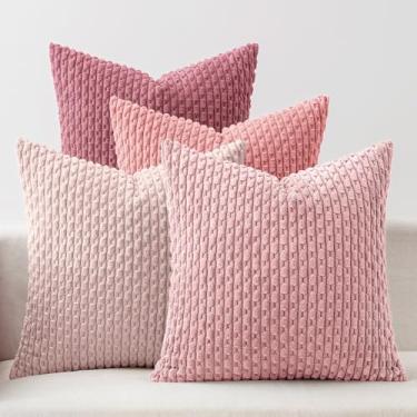 Imagem de MIULEE Conjunto de 4 capas de almofada decorativas macias para sofás listradas, fronhas de veludo cotelê, casa de fazenda, decoração de casa para sofá-cama, sofá, quarto, 50 x 50 cm, rosa