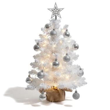 Imagem de Mini árvore de Natal branca de 50 cm com luzes de LED brancas quentes, copa de árvore, bolas de ornamento, árvore de Natal pequena para decoração de casa, quarto, escritório (branca)