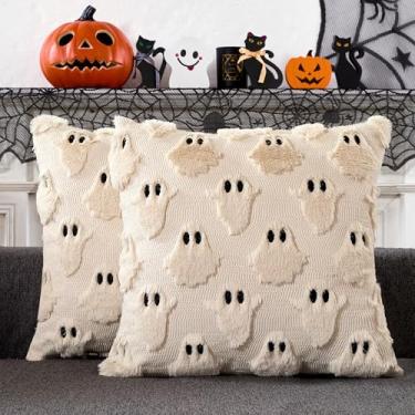 Imagem de Capas de almofada para decoração de Halloween, 45,7 x 45,7 cm, conjunto de 2 fronhas fofas de fantasma macio, de pele sintética, para cadeira, cama, sofá, quarto, sala de estar, decorações de