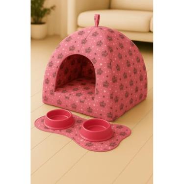 Imagem de Cama e Toca Pet 2 em 1 – Almofada Removível, Fundo Impermeável – Conforto para Cães e Gatos Pequenos e Médios(Rosa Coroa + Tapete comedouro,GG)