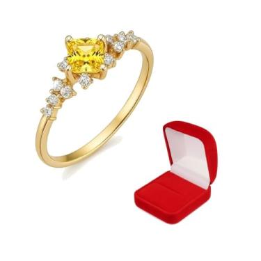 Imagem de Anel Solitário Minimalista Feminino Pedra Quadrada Luxo Banhado Ouro 18K Refinado (Amarelo, 20)