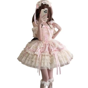 Imagem de Sweet Lolita vestido curto laço acabamento em renda vestido de festa princesa vestido de festa vestido de festa sem mangas vestidos coquetel (EUA, alfa, médio, regular, regular, rosa)