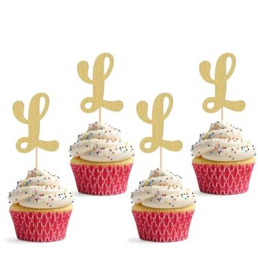 Imagem de Topper de cupcake de 26 letras - pacote com 24 decorações de cupcake com glitter e letra L, adequado para festa de aniversário, aniversário de casamento ou adereços de cabine de fotos (G)