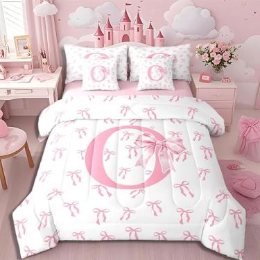 Imagem de Erosebridal Conjunto de cama de 7 peças com estampa de princesa, monograma e laço rosa, moderno, simples, com nó de laço, alfabeto, letra O, conjunto de lençol com edredom