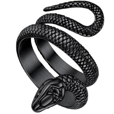 Imagem de ChainsHouse Anel masculino e feminino de aço inoxidável/banhado a ouro 18K/cobra preta, anéis de répteis de serpente de polvo antigo, joia gótica punk retrô (com caixa de presente), 10, Metal não precioso, Sem pedra preciosa