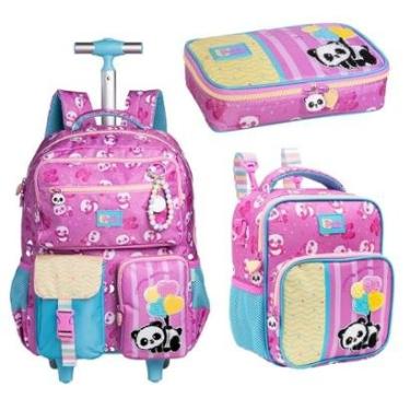 Imagem de Kit Mochila Com Carrinho alça nas costas com Lancheira e Estojo Box Panda-Unissex