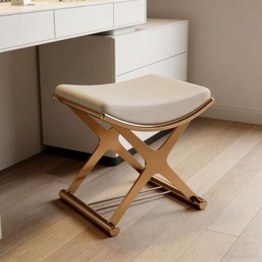 Imagem de Lmtzwyw Cadeira para maquiagem – assento de couro sintético frente única – apoio para os pés de metal dourado para banheiro, quarto e sala de estar – branco