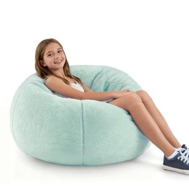 Imagem de Cadeira de pufe macia e moderna com capa de pele sintética de coelho, cadeiras de saco de feijão de espuma de memória para crianças adolescentes, pufe de tecido de pele sintética peludo, felpudo