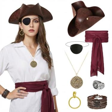 Imagem de Conjunto de chapéu de pirata e acessórios (incluindo colar de máscara, anel de pirata, brincos, lenço na cintura, pulseira de couro) para homens e mulheres, adequado para fantasias de pirata