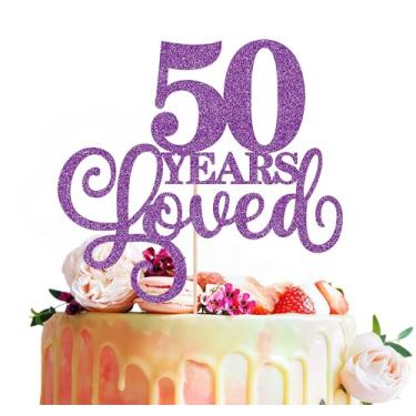 Imagem de Topo de bolo 50 Years Loved - Decoração de bolo de 50 anos e aniversário de 50 anos com glitter roxo profundo para mulheres, homens, artigos de festa, adereços de cabine de fotos