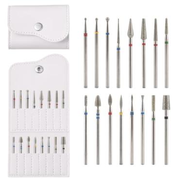 Imagem de KAZIPOP Suporte de brocas de unha de 16 furos com 16 peças kit de brocas de gel acrílico à prova de poeira portátil de poliuretano para armazenamento de brocas para removedor de cutículas (branco)