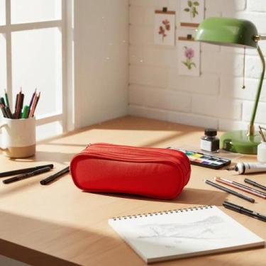 Imagem de 01 Estojo Grande Com Divisórias 2 Ziper Estojo Escolar Lápis Vermelho 