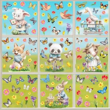 Imagem de Decalques de janela de mola com estampa de flores de animais de borboleta para exibição de porta de vidro, pacote com 9 adesivos de fixação estática dupla face para decoração escolar em casa