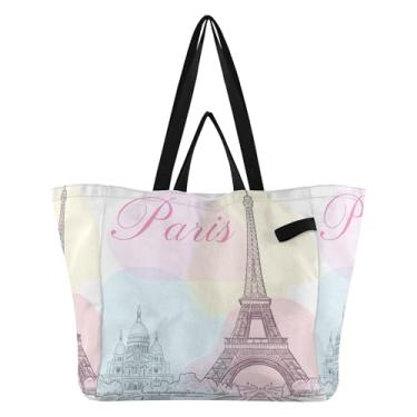 Imagem de SEHANY Sacola de compras reutilizável da Torre Eiffel de Paris com alças reforçadas, bolsa de compras de lona dobrável à prova d'água de grande capacidade para viagem, cozinha, praia