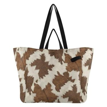Imagem de SEHANY Sacolas de compras reutilizáveis com estampa de vaca marrom e branca com alças reforçadas, bolsa de compras de lona dobrável à prova d'água de grande capacidade para viagem, cozinha, praia