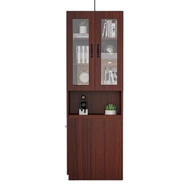 Imagem de Estante estreita com gavetas, prateleira lateral de madeira maciça para espaços apertados, ideal para sofá de canto de estudo (cor: 60 x 28 x 180 cm teca + porta de vidro) (60 x 28 x 180 cm teca +