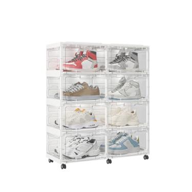 Imagem de Caixa de luz de LED, armazenamento dobrável empilhável para exibição de tênis com organizador de porta aberta lateral transparente, armário organizador de sapato, controle de voz, 2 fileiras e 8