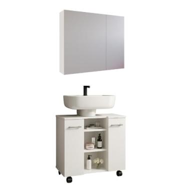 Imagem de Armário Gabinete de Banheiro para Pia de Coluna – Premium, Armazenamento Vertical Resistente à Umidade para Higiene e Cosméticos Doméstico (Kit.Esp.Branco+Gab.Branco)