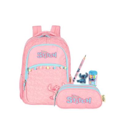 Imagem de Kit Mochila Stitch Costas E Estojo Triplo Matelassê Escolar Cor:Rosa, 