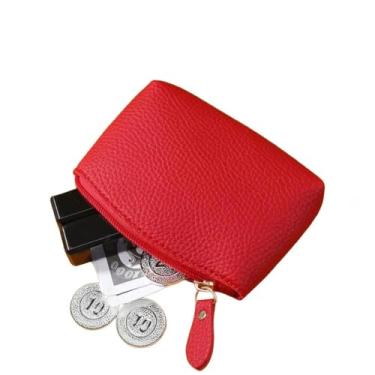 Imagem de Porta-moedas minimalista de couro PU, mini carteira feminina com zíper redondo, porta-moedas pequeno e portátil, Vermelho