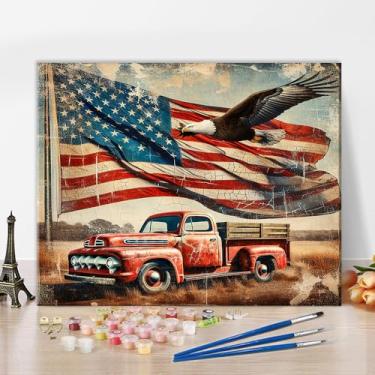 Imagem de Rebotipy Pintura retrô da bandeira americana DIY por números para adultos águia DIY pintura a óleo arte acrílica kits de pintura de caminhão vermelho tela com tinta acrílica decoração moderna 40,6 x