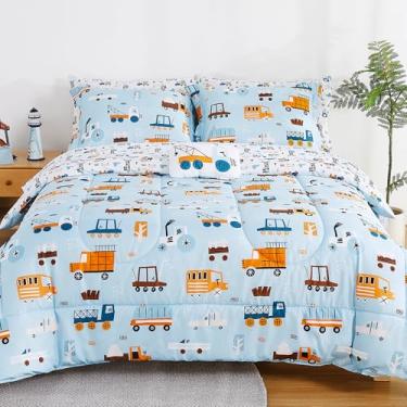 Imagem de Mooreeke Jogo de cama infantil solteiro para meninos, 6 peças, azul claro, para adolescentes, carro, caminhão, cama infantil em uma bolsa com edredom, conjunto de lençóis, fronhas e travesseiro
