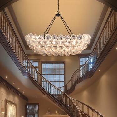 Imagem de Lzawvm Lustre bolha iluminação 12 luzes moderno luxo cluster lustre globo de vidro transparente para foyer, tetos altos, sala de jantar, entrada, sala de estar, oval longo, diâmetro 114 centímetros
