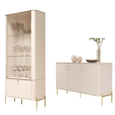 Imagem de Conjunto Cristaleira E Aparador Buffet Tucupí Com 3 Portas Off White/dourado