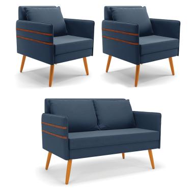 Imagem de Kit 1 Namoradeira 02 Lugares e 2 Poltronas Mari Suede Azul Marinho Pés Palito Castanho - D'Rossi