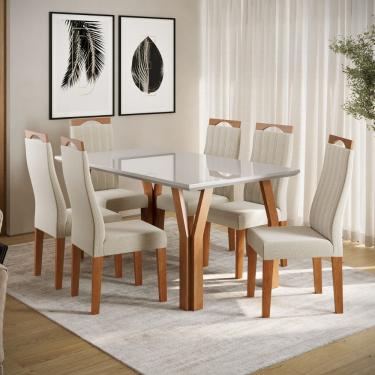 Imagem de Conjunto Sala de Jantar Mesa 154cm com Tampo de Vidro Atlas com 6 Cadeiras Grécia Madetal - Mel/Nude/Bege