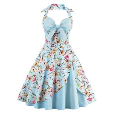 Imagem de Vestido IKADEX Vintage dos anos 50 Rockabilly Swing com gola alta azul