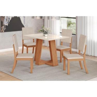 Imagem de Conjunto: Mesa Sala Jantar Lins C- Tampo Madeirado 120x80cm E 4 Cadeiras Milla Nature-off White - Linho Bege - Henn