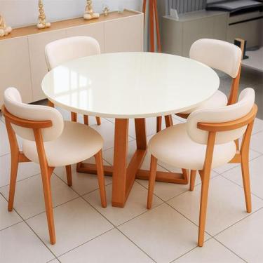 Imagem de Mesa de Jantar 115cm Redonda c/ Tampo de Vidro e 4 Cadeiras em Madeira