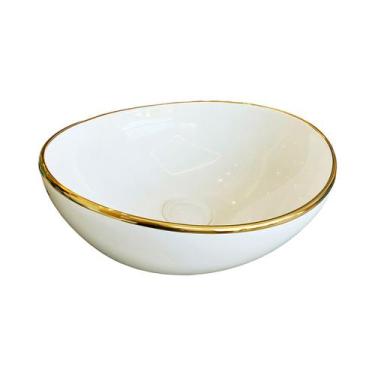 Imagem de Cuba para Banheiro Cerâmica Branca e Dourada Oval 41cm Reno RC 8006