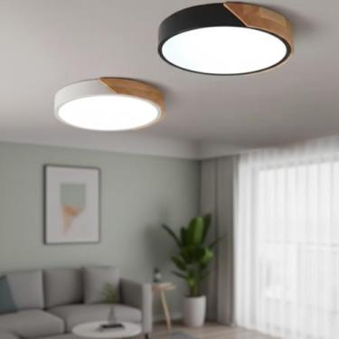 Imagem de Luminária Plafon LED Redondo 40cm Slim 36W Madeira Metal Luz 3 Tons de